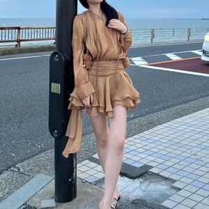 Elegant Tan Ruffle Dress